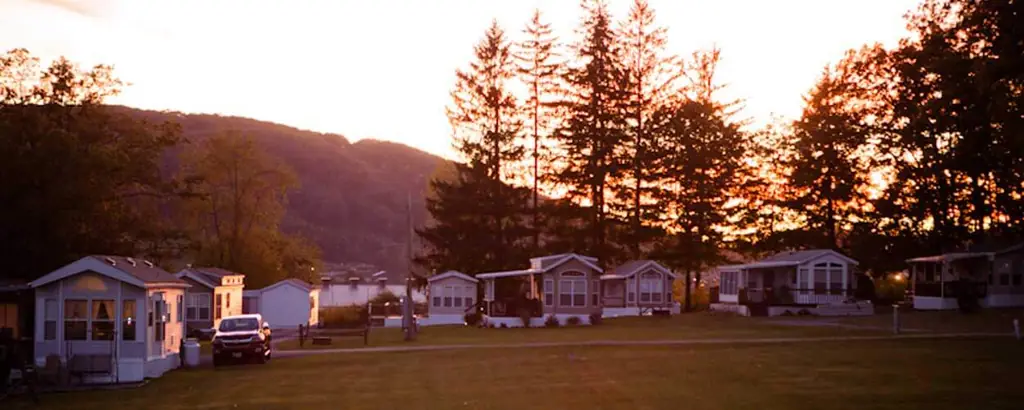 Park models in a row in low evening sun